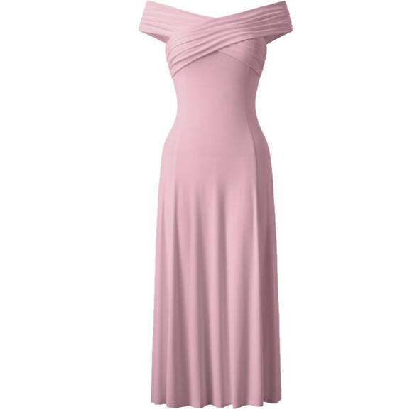OGL Eco-SkinKiss Flowy Crisscross Off Shoulder Padded Brami Midi Dress Rose Sz M - Picture 1 of 9